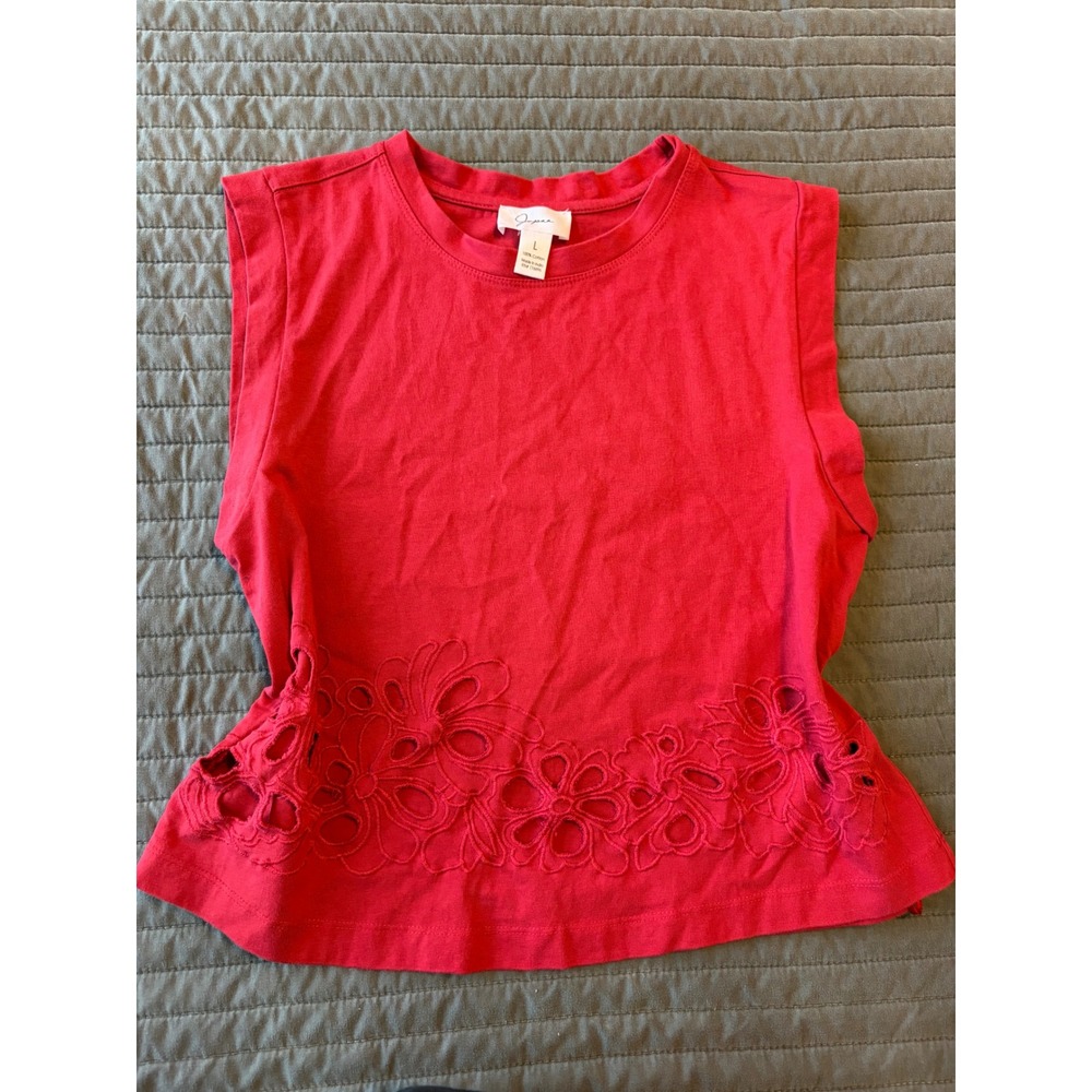 Japna Red Floral Eyelet Embroidered Hem Cotton Tank Top Large - Picture 4 of 7